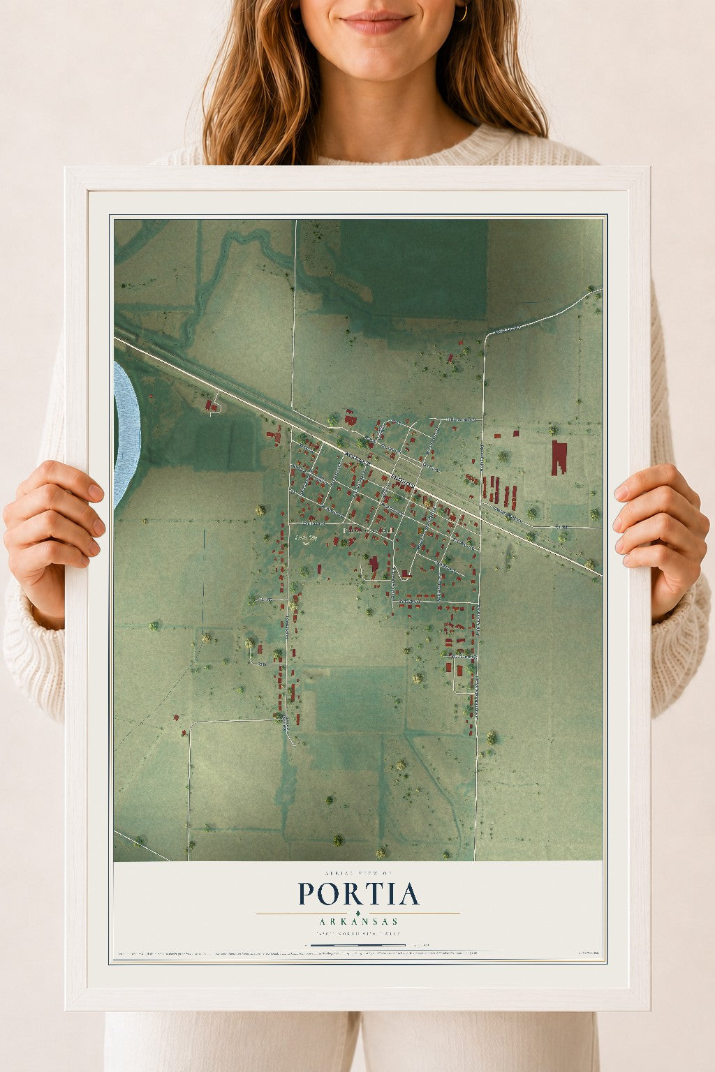 Map of Portia, Arkansas, 18 x 24 inch print in a white wood frame