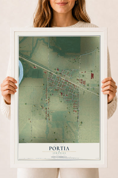 Map of Portia, Arkansas, 18 x 24 inch print in a white wood frame