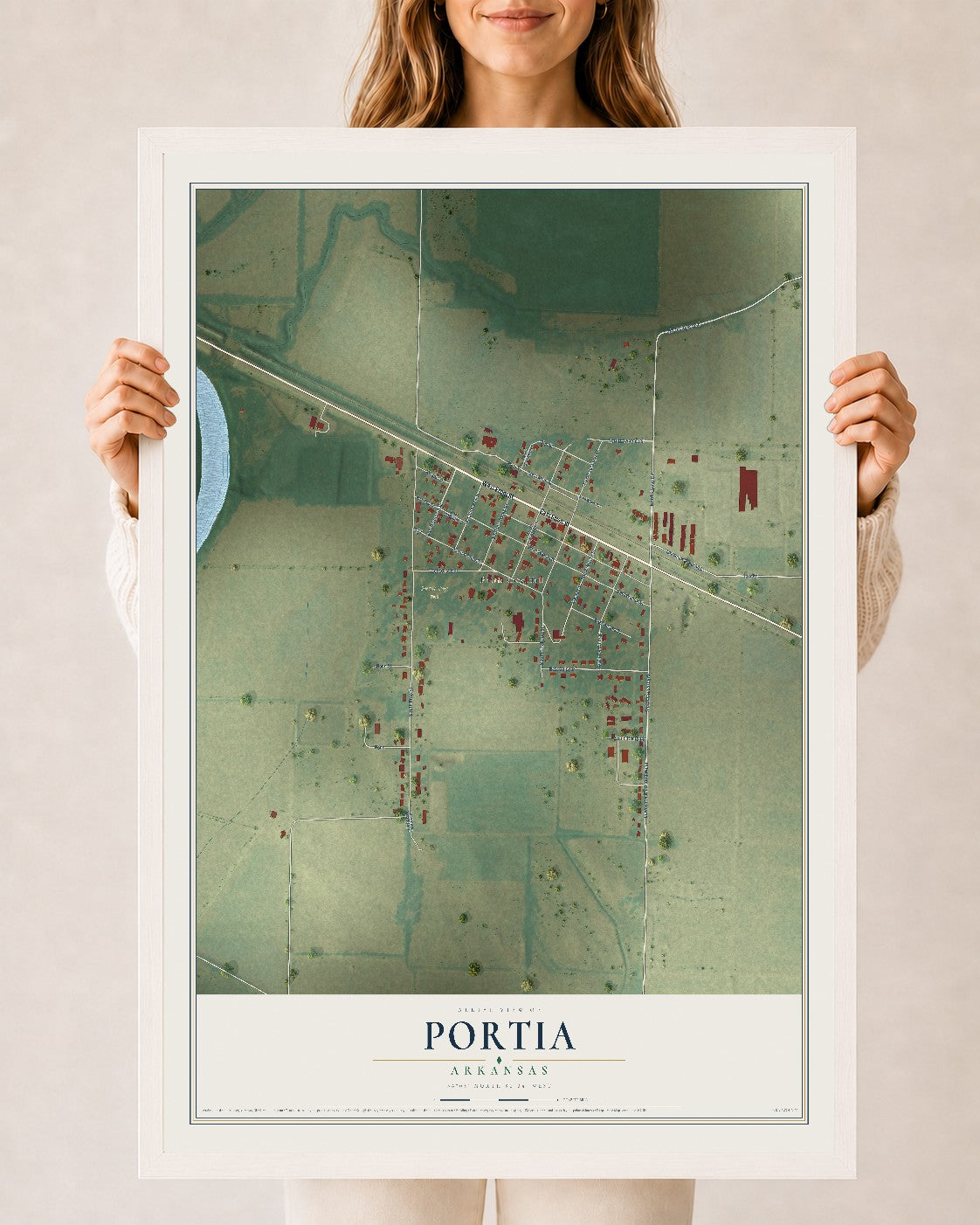 Map of Portia, Arkansas, 24 x 36 inch print in a white wood frame