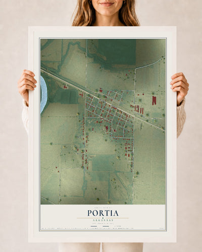 Map of Portia, Arkansas, 24 x 36 inch print in a white wood frame