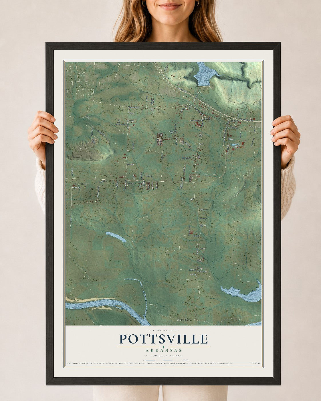 Map of Pottsville, Arkansas, 24 x 36 inch print in a black wood frame