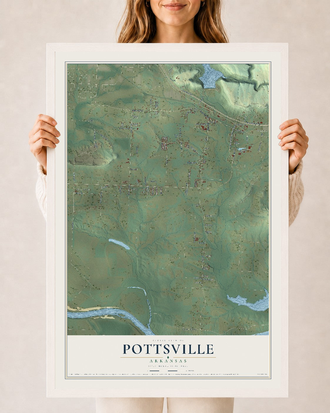 Map of Pottsville, Arkansas, 24 x 36 inch print in a white wood frame