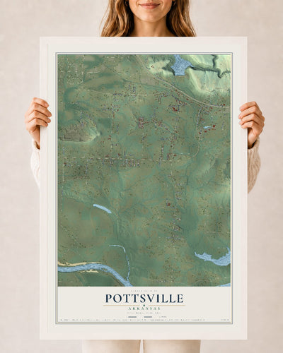Map of Pottsville, Arkansas, 24 x 36 inch print in a white wood frame