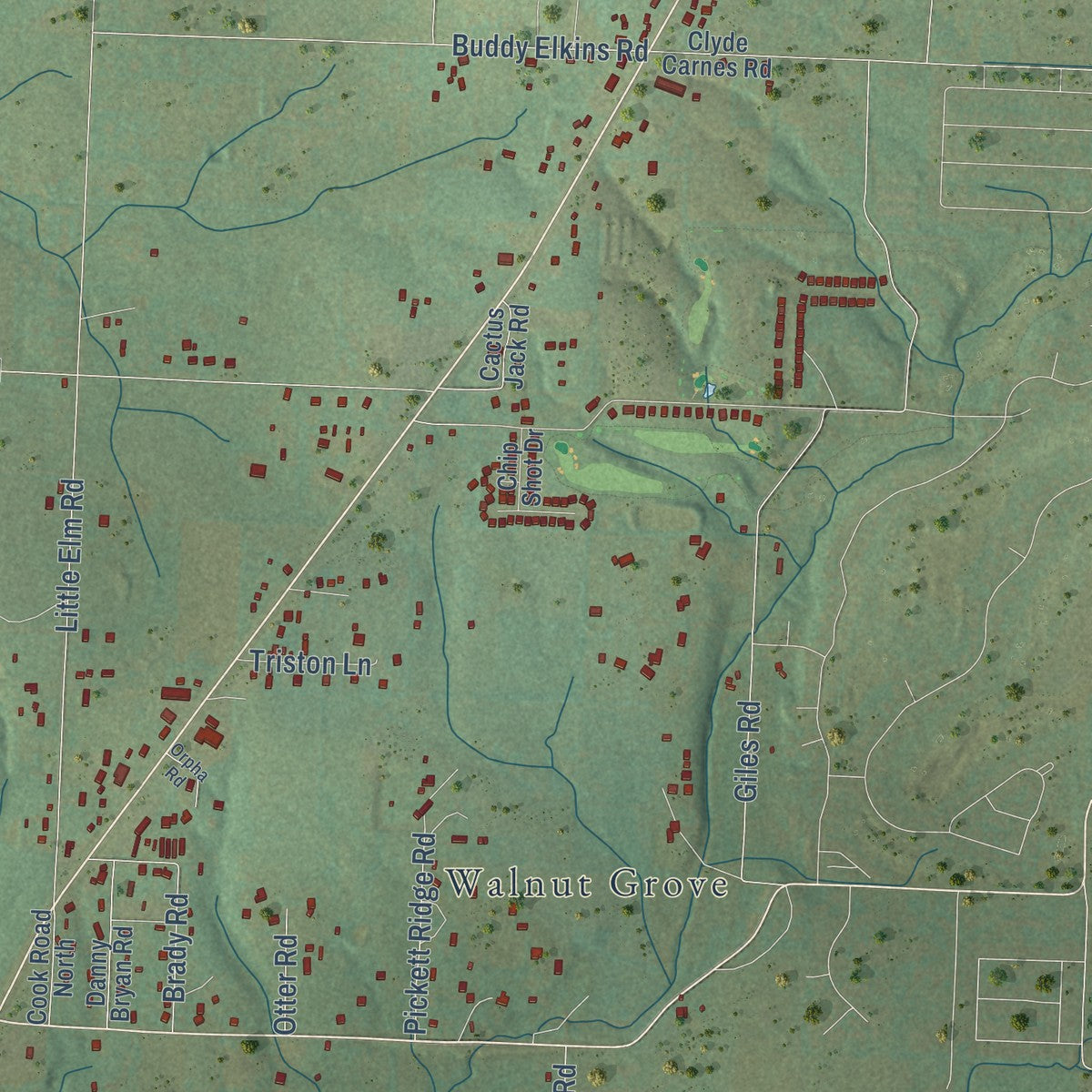 Second close-up of the map of Prairie Grove, Arkansas print showing more streets and buildings