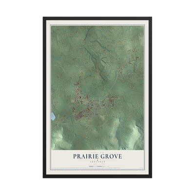 Map of Prairie Grove, Arkansas, 12 x 18 inch print in a black wood frame
