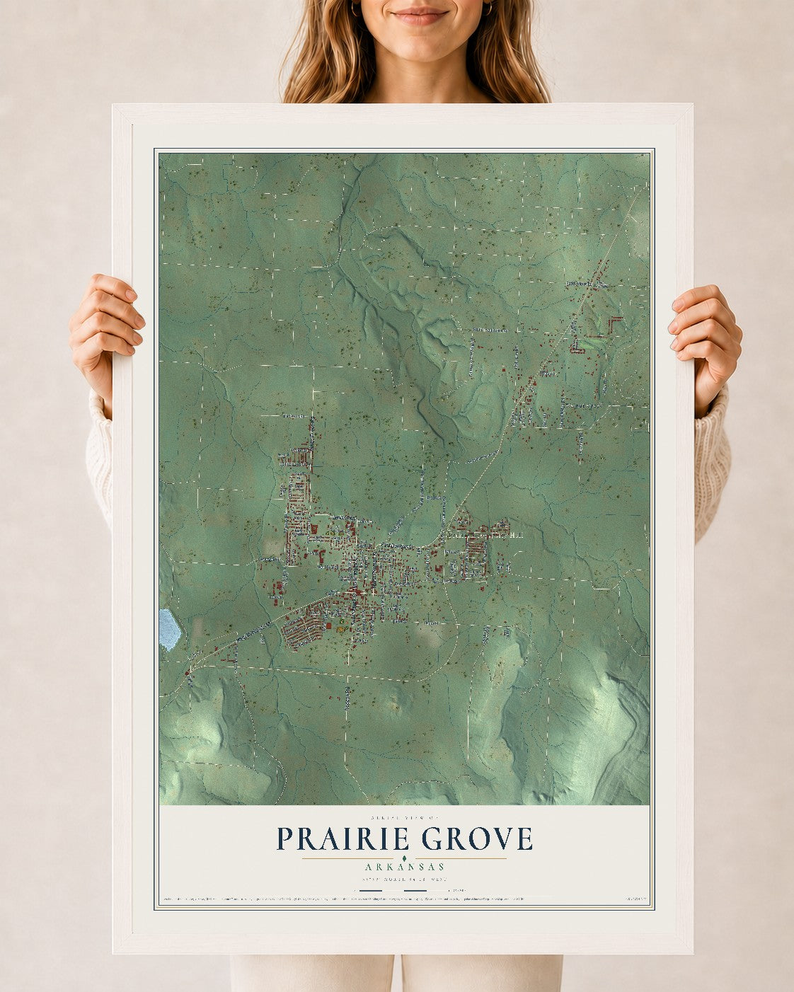 Map of Prairie Grove, Arkansas, 24 x 36 inch print in a white wood frame