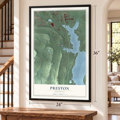 Preston, Arkansas map, 24 x 36 inch print in a black frame by a staircase