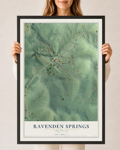 Map of Ravenden Springs, Arkansas, 24 x 36 inch print in a black wood frame