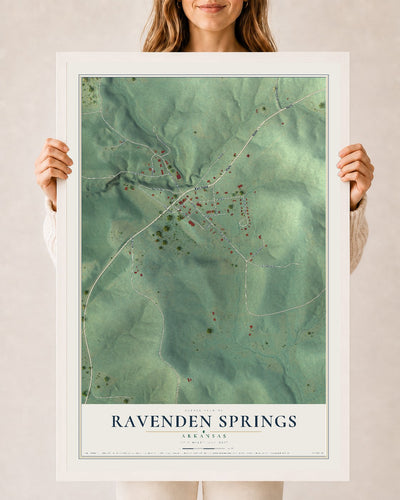 Map of Ravenden Springs, Arkansas, 24 x 36 inch print in a white wood frame