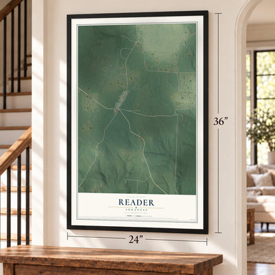 Reader, Arkansas map, 24 x 36 inch print in a black frame by a staircase