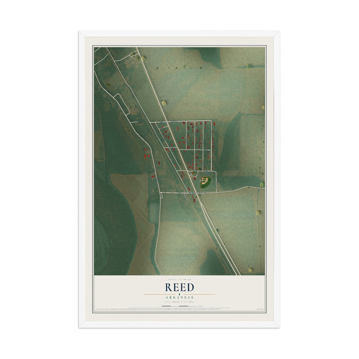 Map of Reed, Arkansas, 12 x 18 inch print in a white wood frame