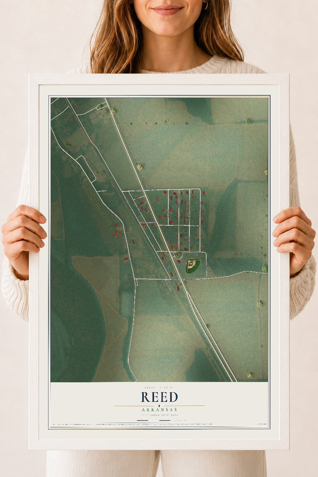 Map of Reed, Arkansas, 18 x 24 inch print in a white wood frame