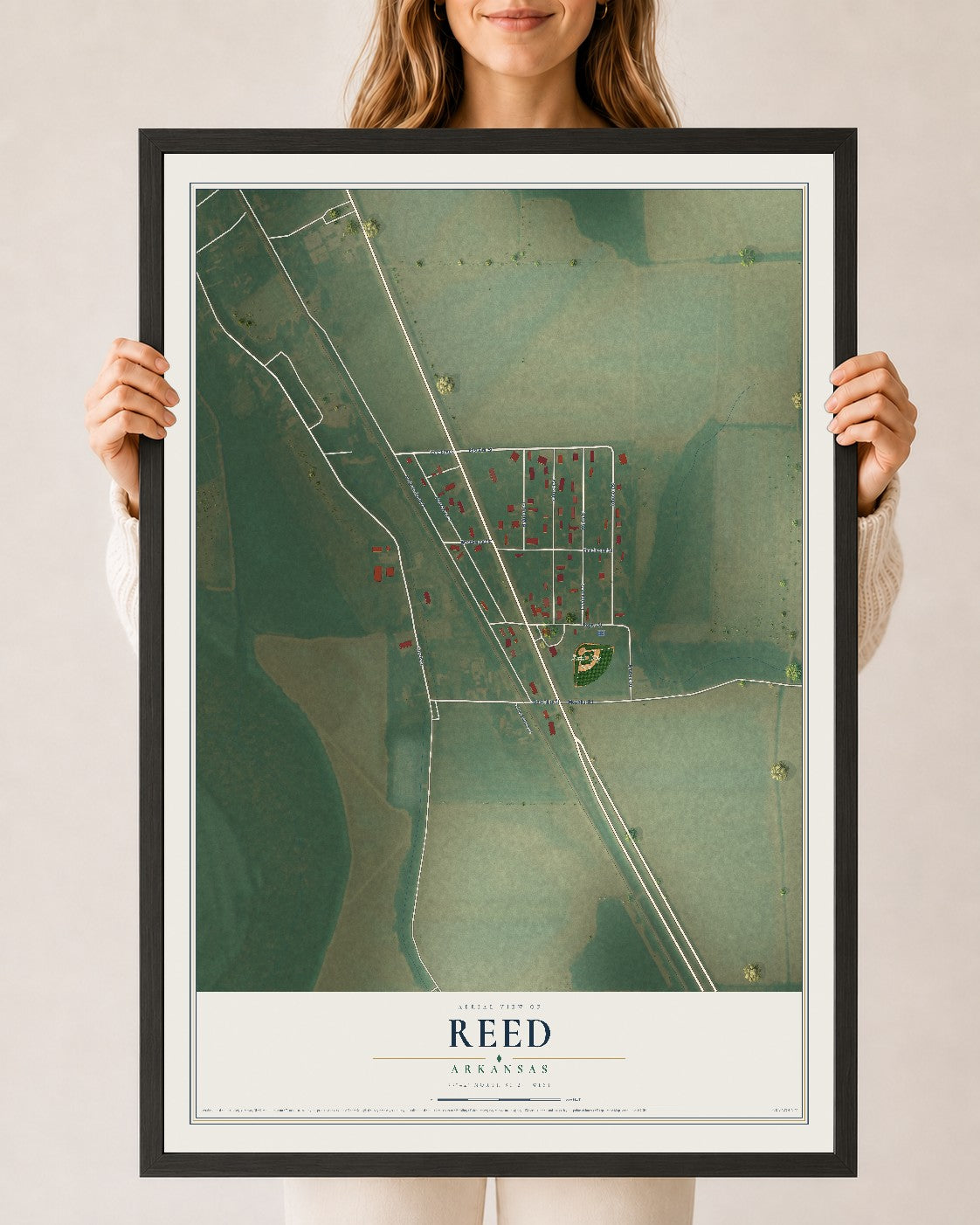 Map of Reed, Arkansas, 24 x 36 inch print in a black wood frame