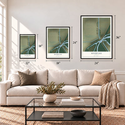 Rivervale, Arkansas map in 12 x 18, 18 x 24 and 24 x 36 inch sizes above a sofa