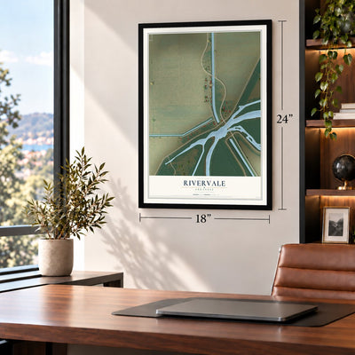 Rivervale, Arkansas map, 18 x 24 inch print in a black frame in a home office