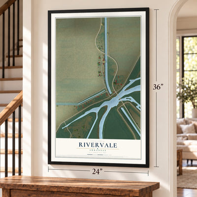 Rivervale, Arkansas map, 24 x 36 inch print in a black frame by a staircase