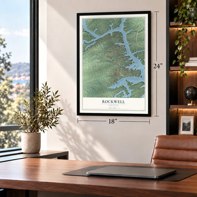 Rockwell, Arkansas map, 18 x 24 inch print in a black frame in a home office