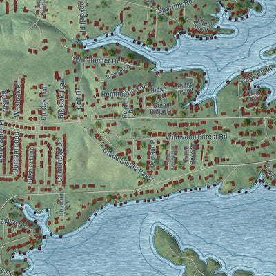 Close-up of the map of Rockwell, Arkansas print showing street and building detail