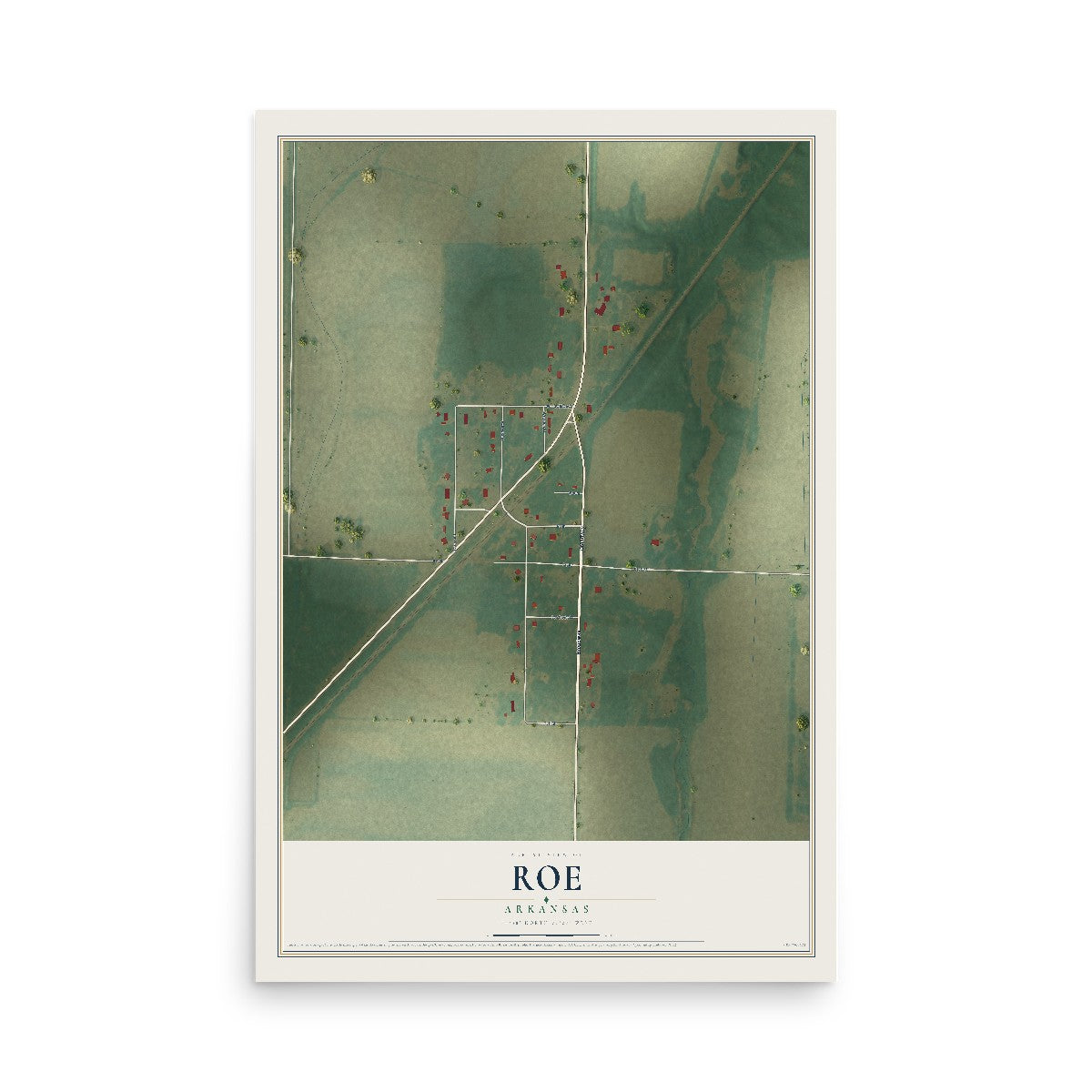 Map of Roe, Arkansas, 12 x 18 inch unframed archival matte print