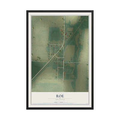 Map of Roe, Arkansas, 12 x 18 inch print in a black wood frame
