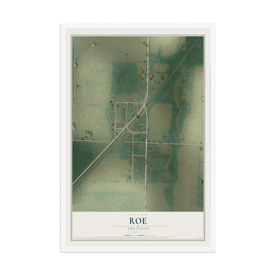 Map of Roe, Arkansas, 12 x 18 inch print in a white wood frame