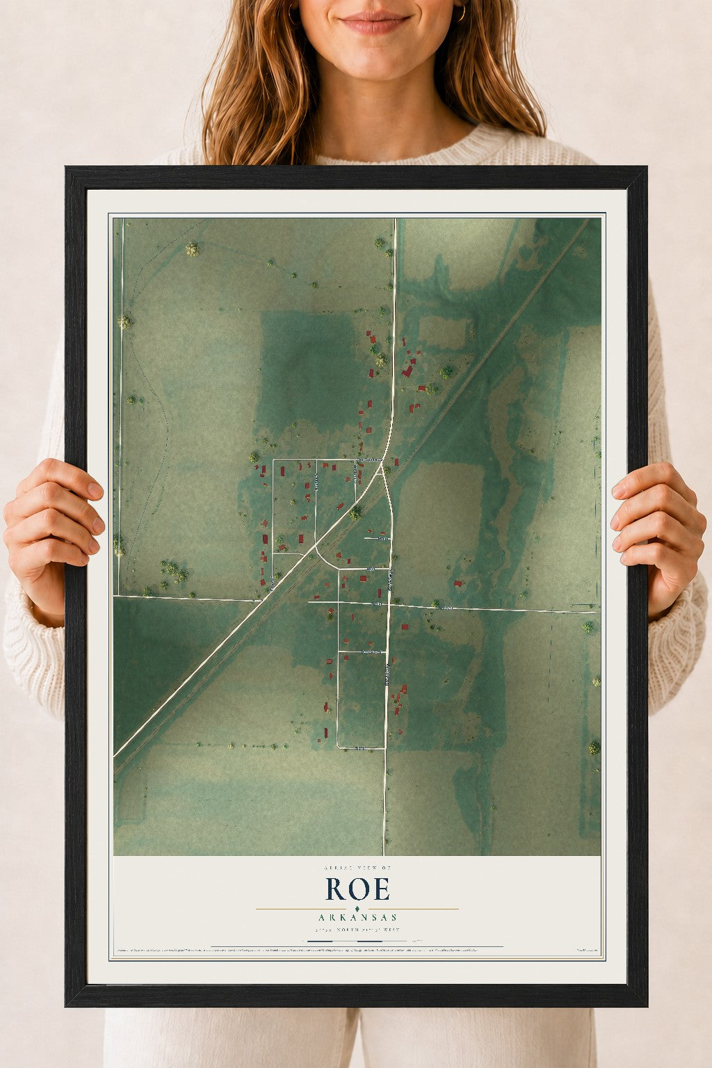 Map of Roe, Arkansas, 18 x 24 inch print in a black wood frame