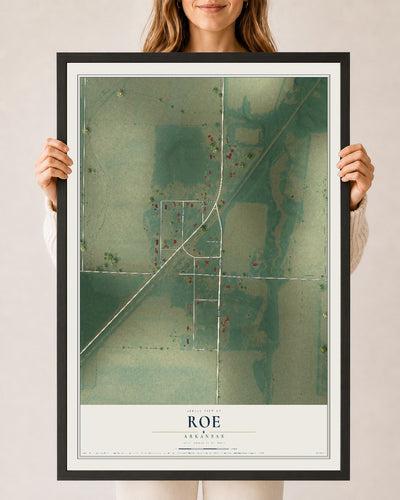 Map of Roe, Arkansas, 24 x 36 inch print in a black wood frame