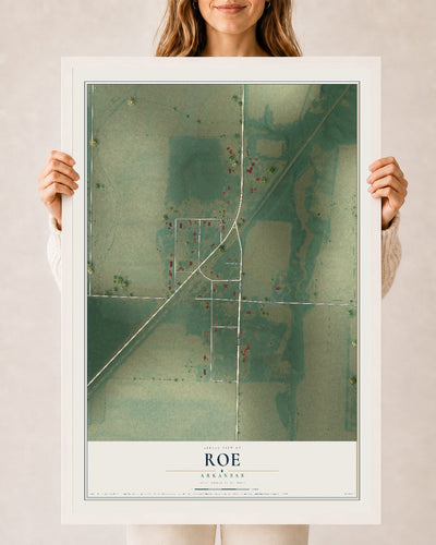 Map of Roe, Arkansas, 24 x 36 inch print in a white wood frame
