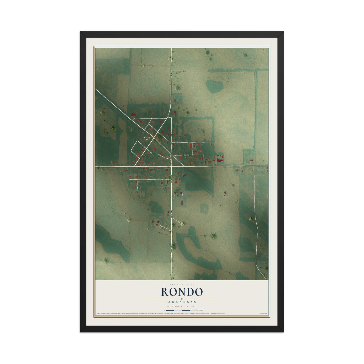 Map of Rondo, Arkansas, 12 x 18 inch print in a black wood frame