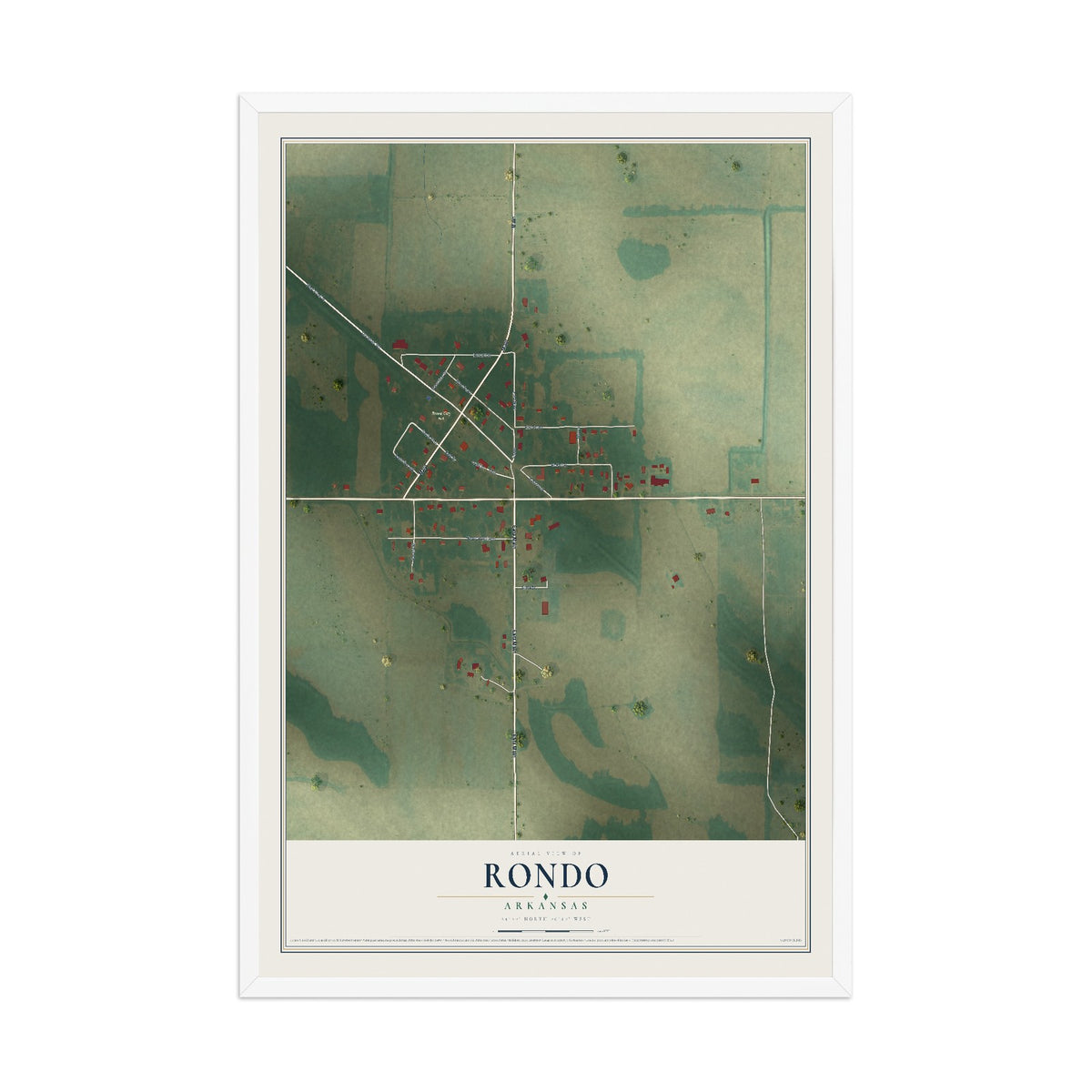 Map of Rondo, Arkansas, 12 x 18 inch print in a white wood frame