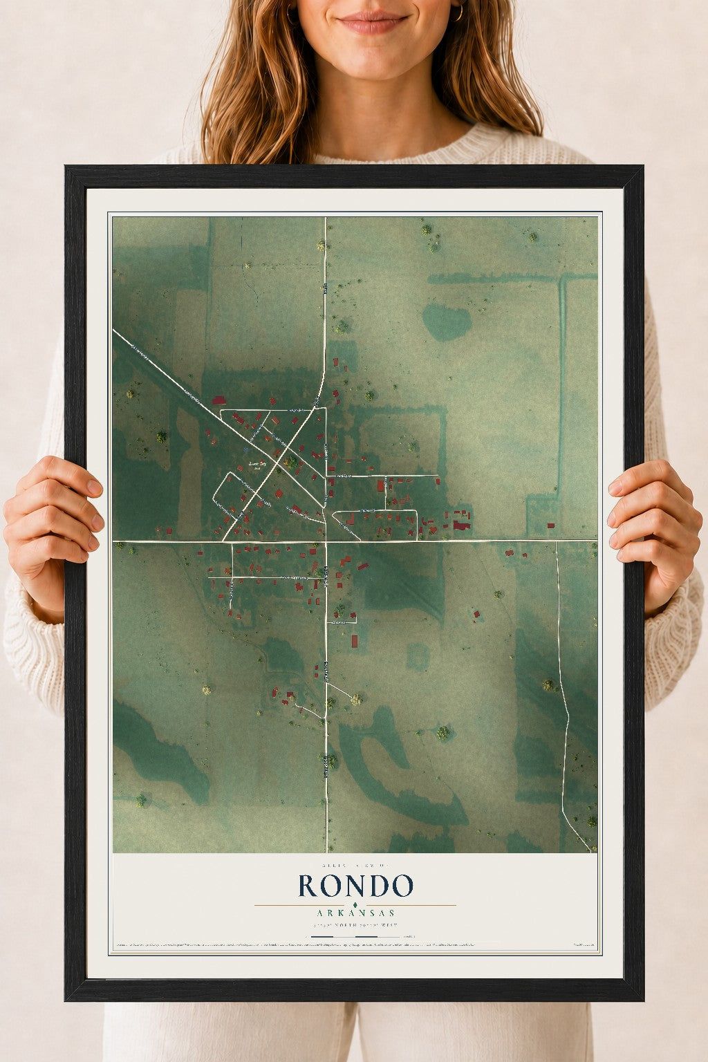 Map of Rondo, Arkansas, 18 x 24 inch print in a black wood frame