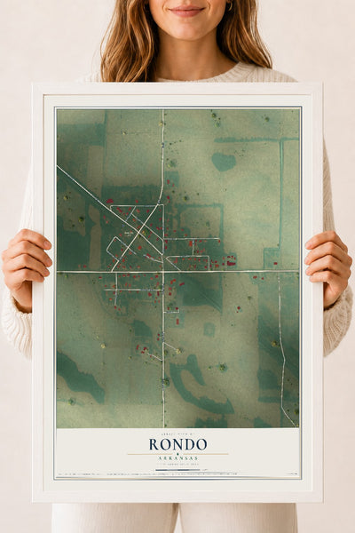 Map of Rondo, Arkansas, 18 x 24 inch print in a white wood frame