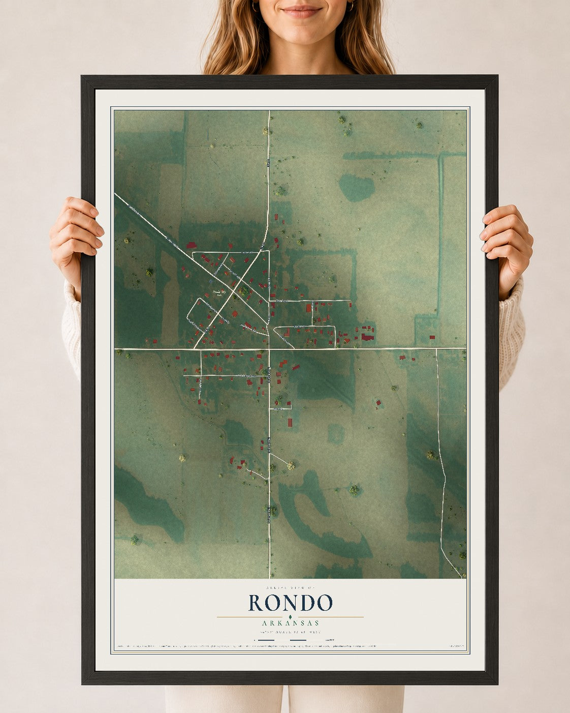 Map of Rondo, Arkansas, 24 x 36 inch print in a black wood frame