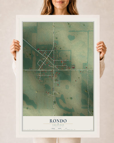 Map of Rondo, Arkansas, 24 x 36 inch print in a white wood frame