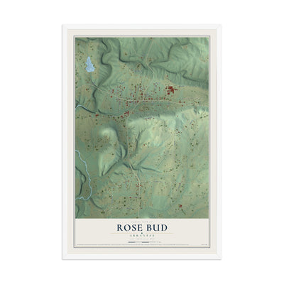 Map of Rose Bud, Arkansas, 12 x 18 inch print in a white wood frame