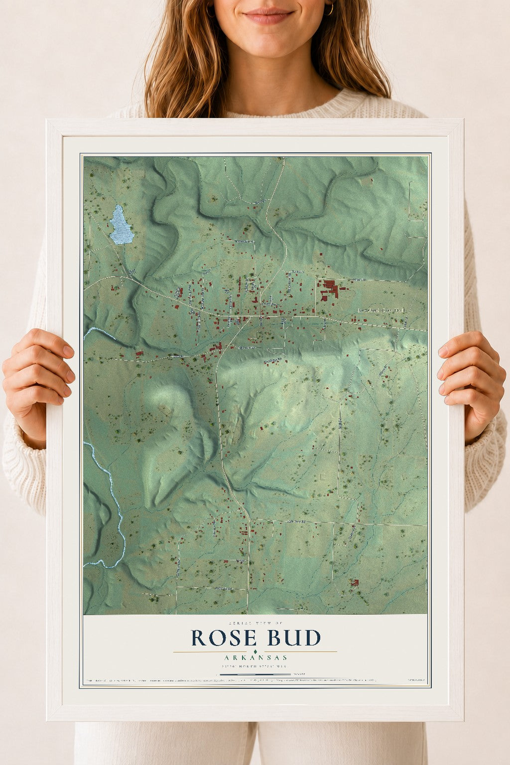 Map of Rose Bud, Arkansas, 18 x 24 inch print in a white wood frame