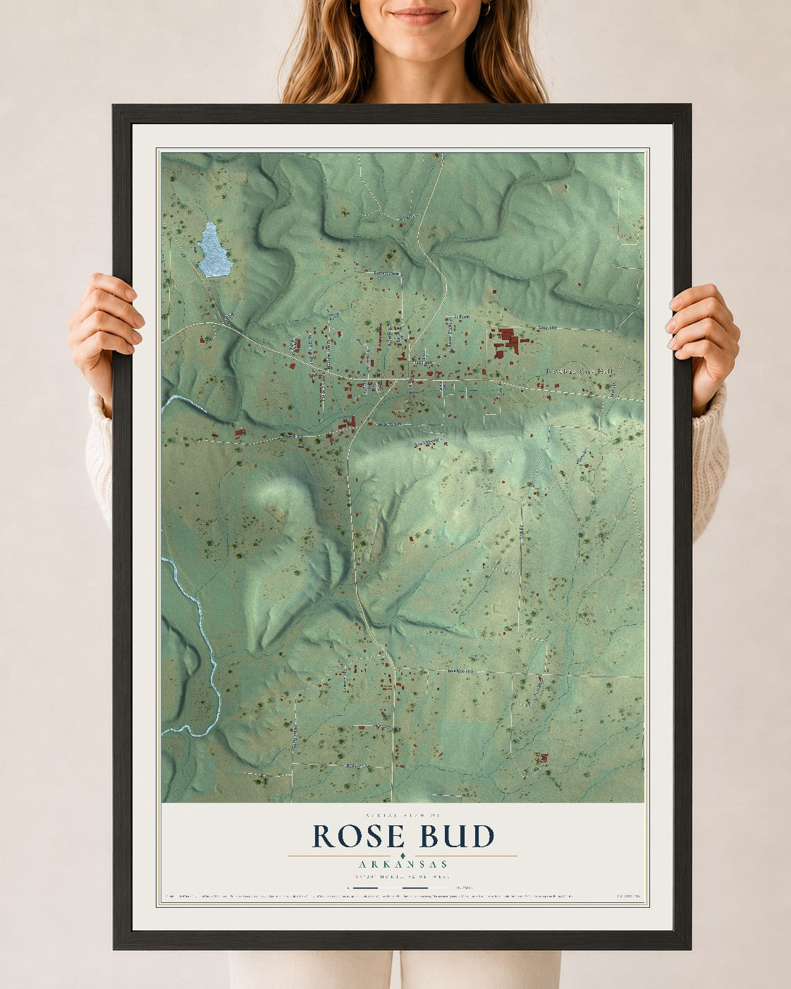 Map of Rose Bud, Arkansas, 24 x 36 inch print in a black wood frame