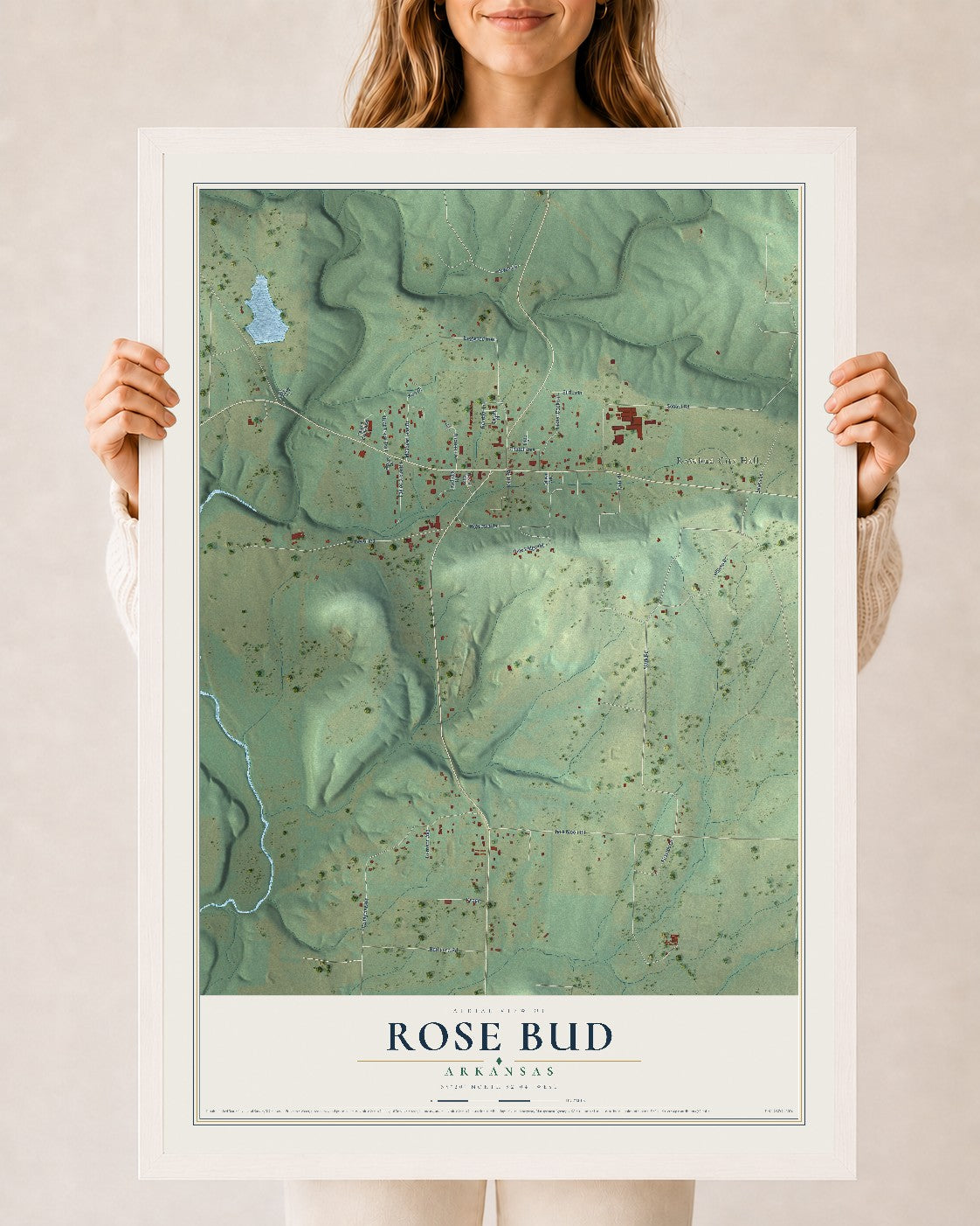 Map of Rose Bud, Arkansas, 24 x 36 inch print in a white wood frame