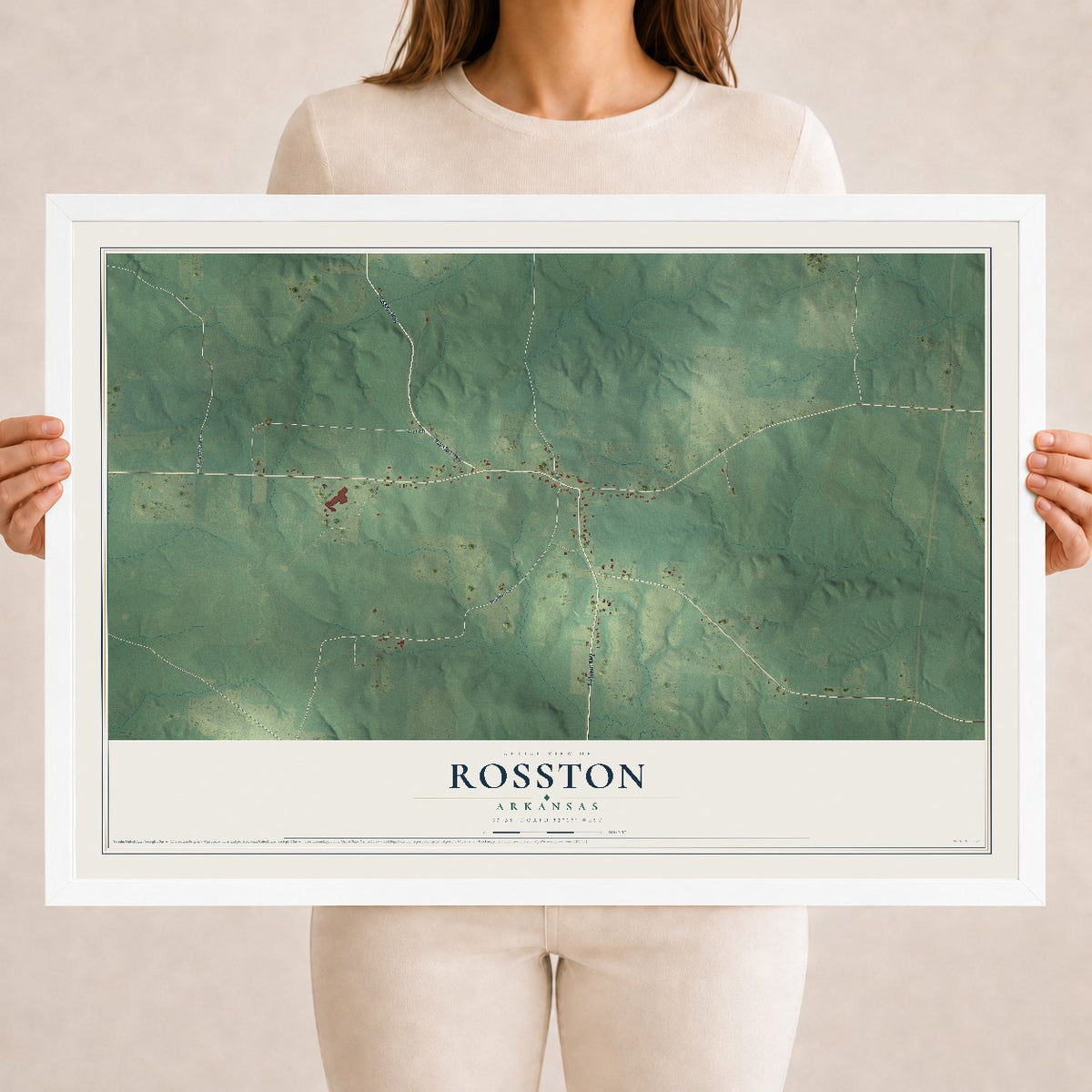 Map of Rosston, Arkansas, 18 x 24 inch print in a white wood frame