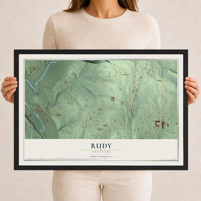 Map of Rudy, Arkansas, 12 x 18 inch print in a black wood frame