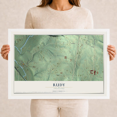 Map of Rudy, Arkansas, 12 x 18 inch print in a white wood frame