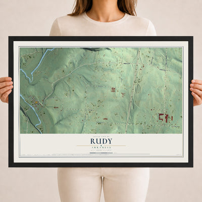 Map of Rudy, Arkansas, 18 x 24 inch print in a black wood frame