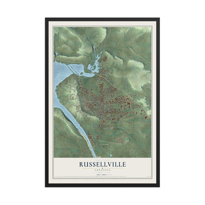 Map of Russellville, Arkansas, 12 x 18 inch print in a black wood frame