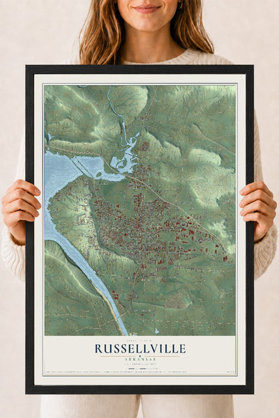 Map of Russellville, Arkansas, 18 x 24 inch print in a black wood frame