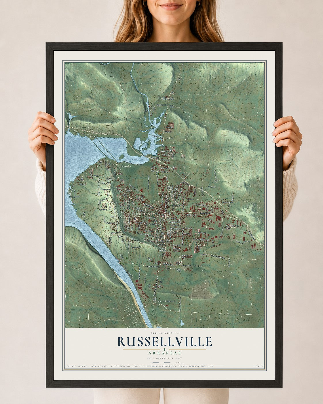 Map of Russellville, Arkansas, 24 x 36 inch print in a black wood frame