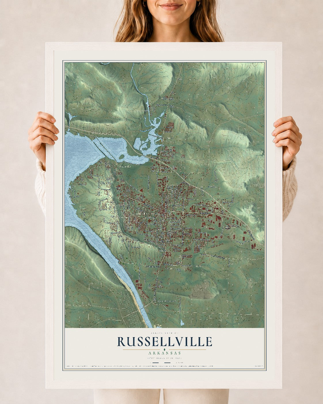 Map of Russellville, Arkansas, 24 x 36 inch print in a white wood frame