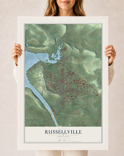 Map of Russellville, Arkansas, 24 x 36 inch print in a white wood frame