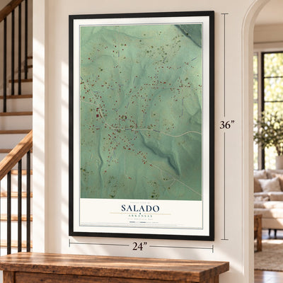 Salado, Arkansas map, 24 x 36 inch print in a black frame by a staircase