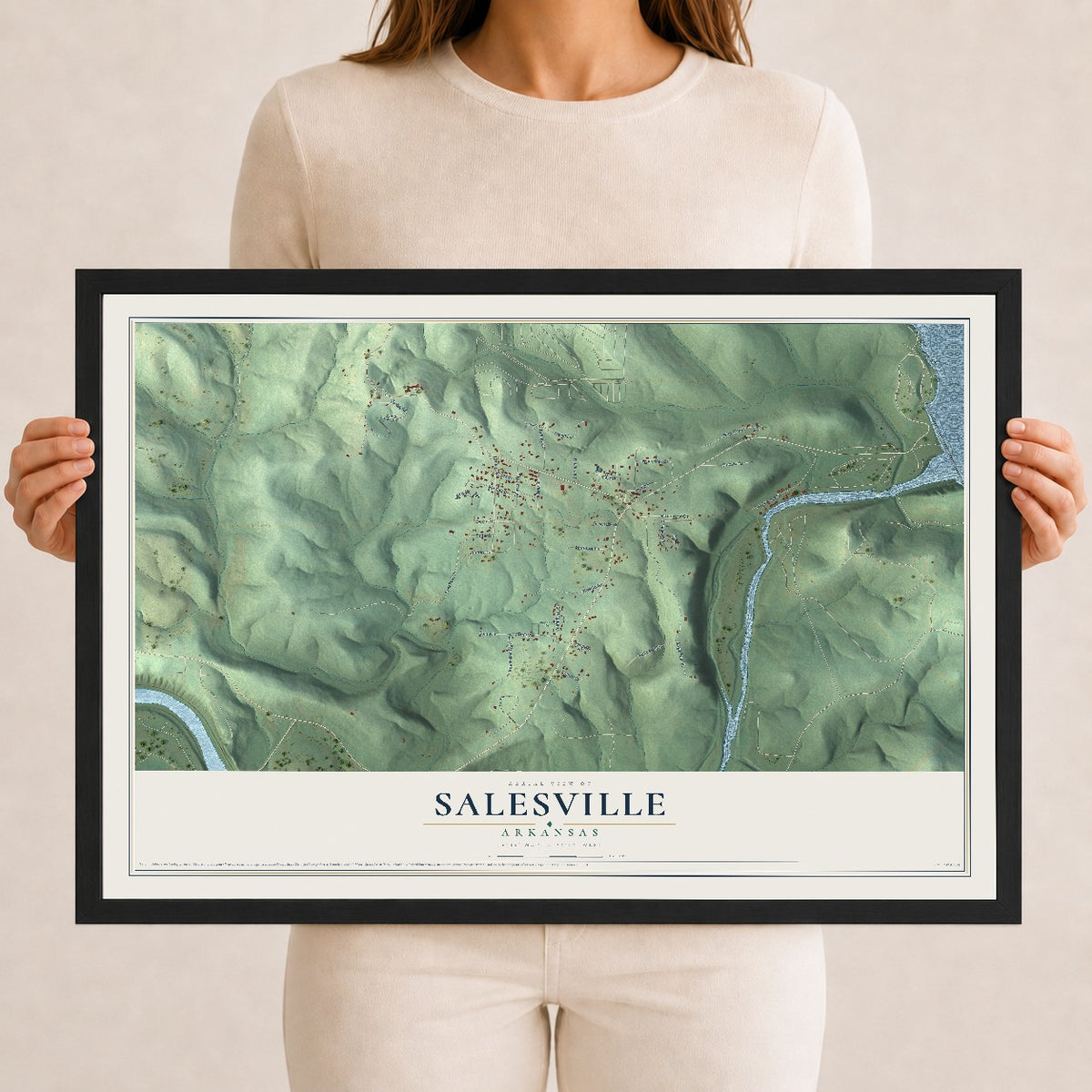 Map of Salesville, Arkansas, 12 x 18 inch print in a black wood frame