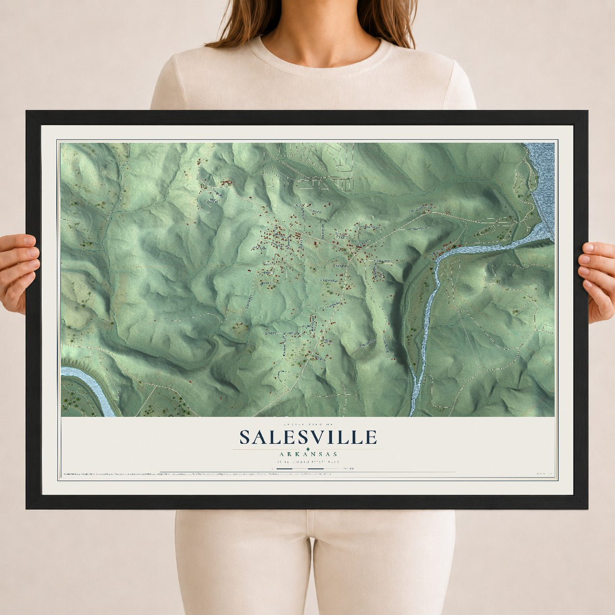 Map of Salesville, Arkansas, 18 x 24 inch print in a black wood frame